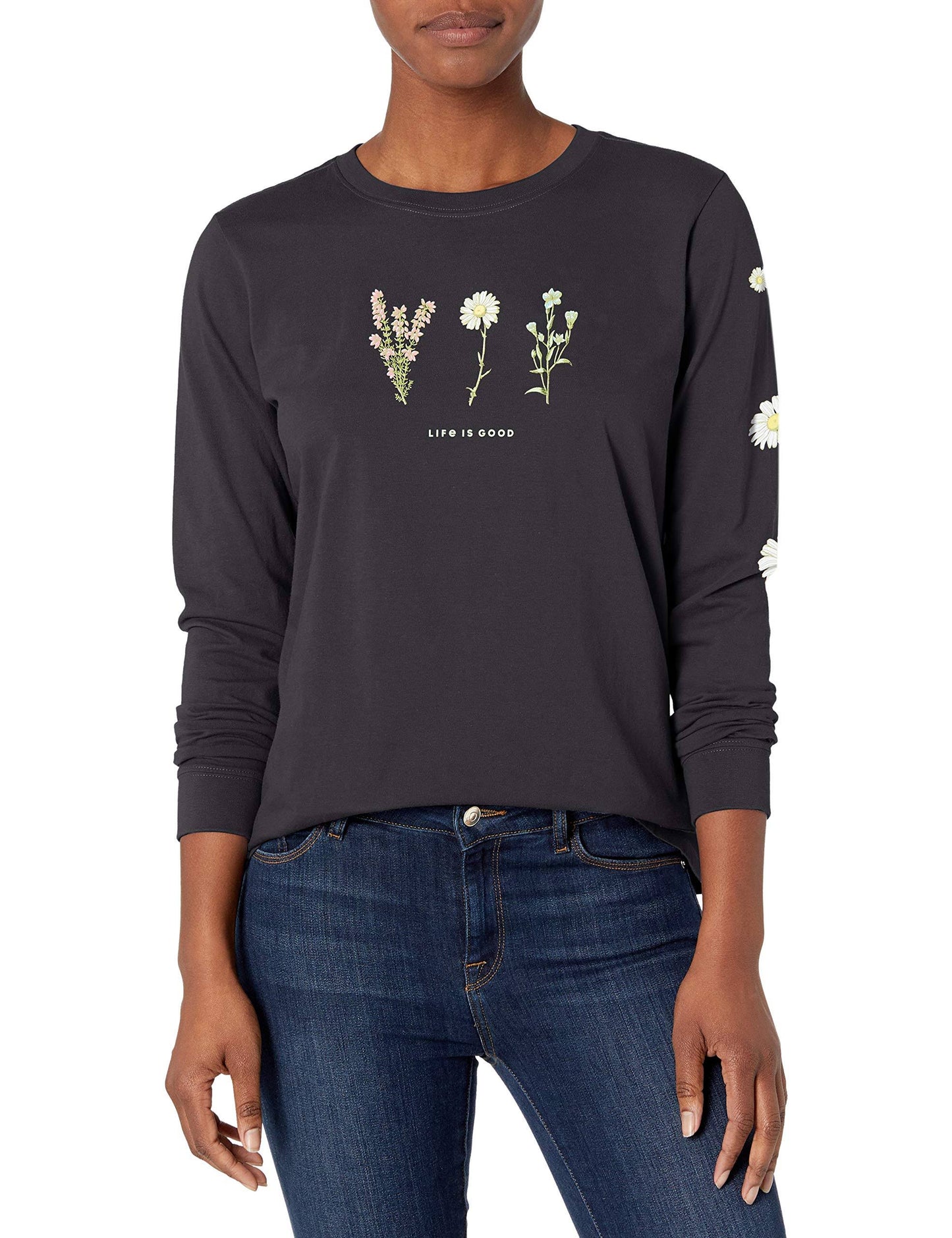 Womens Life Is Good Detailed Wildflowers Crusher Long Sleeve