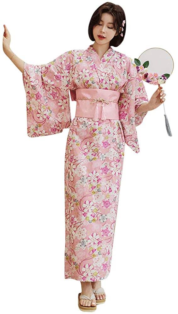 Womens Traditional Japanese Kimono Pink Peach Blossom Print Yukata Long Robe with Obi Belt