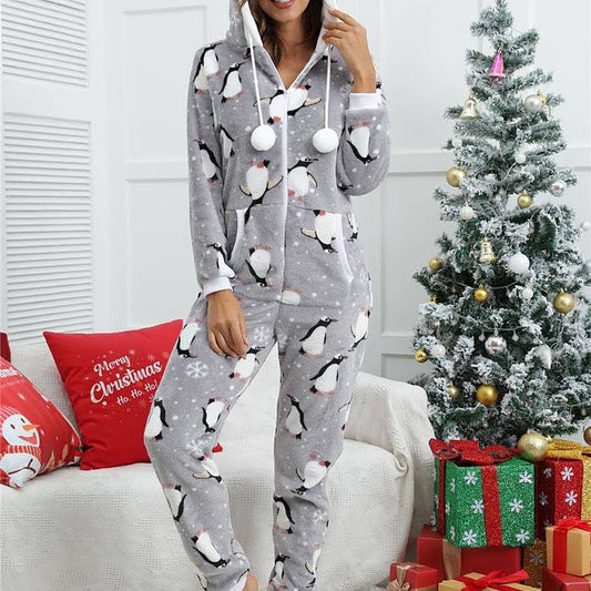 Womens Christmas Pjs Onesies Pajama for Adult Jumpsuits 1 PCS Penguin Animal Plush Simple Comfort Home Christmas Daily Flannel Warm Gift Hoodie Long