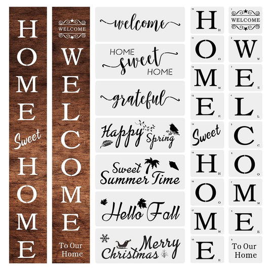 25pcs Reusable Template for Painting Wood, Large Welcome and Sweet Home Stencils Seasonal Stencils Farmhouse Stencils for Signs, Walls & Home