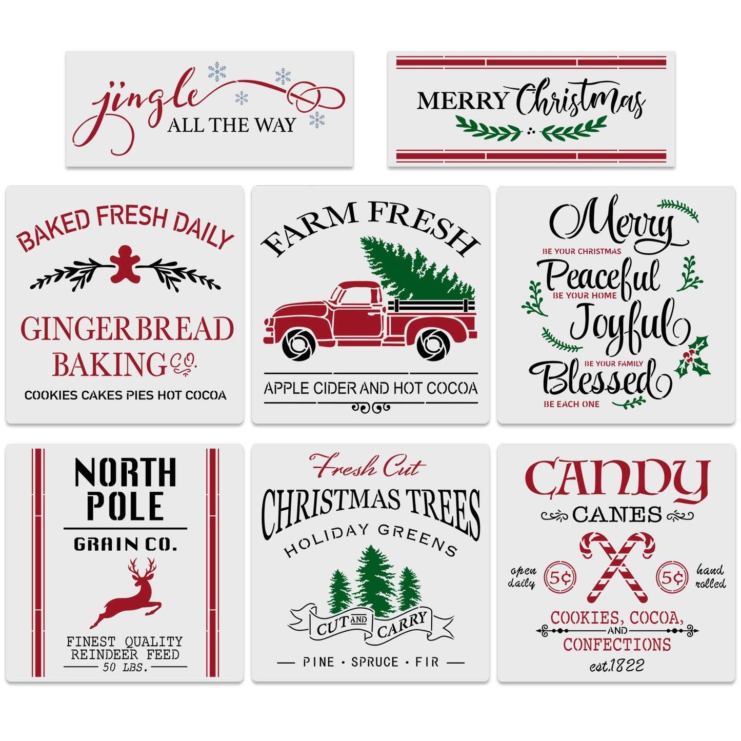 8pcs Large Christmas Stencils-12x12 Inches Reusable Merry Christmas Stencils Including Candy Cane/Christmas Tree/gingerbread/reindeer/jingle All The W