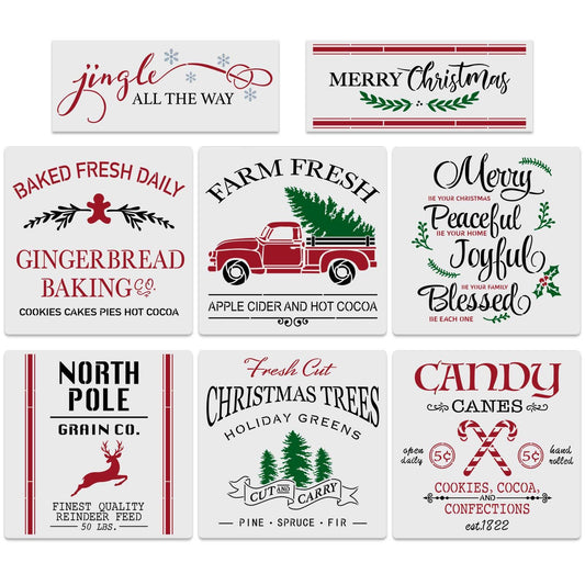 8pcs Large Christmas Stencils-12x12 Inches Reusable Merry Christmas Stencils Including Candy Cane/Christmas Tree/gingerbread/reindeer/jingle All The W