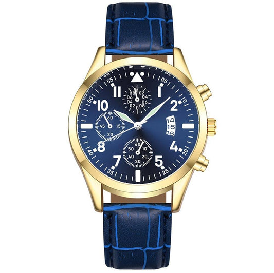 (11 Leather-Gold-Blue) Quartz Wristwatch Classic Calendar Mens Business Steel Watch