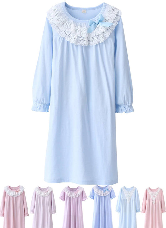 ABALACOCO Girls Kids Princess Lace Nightgown Long Sleeve Cotton Sleepwear Dress Pretty V-Neck Loose Homewear