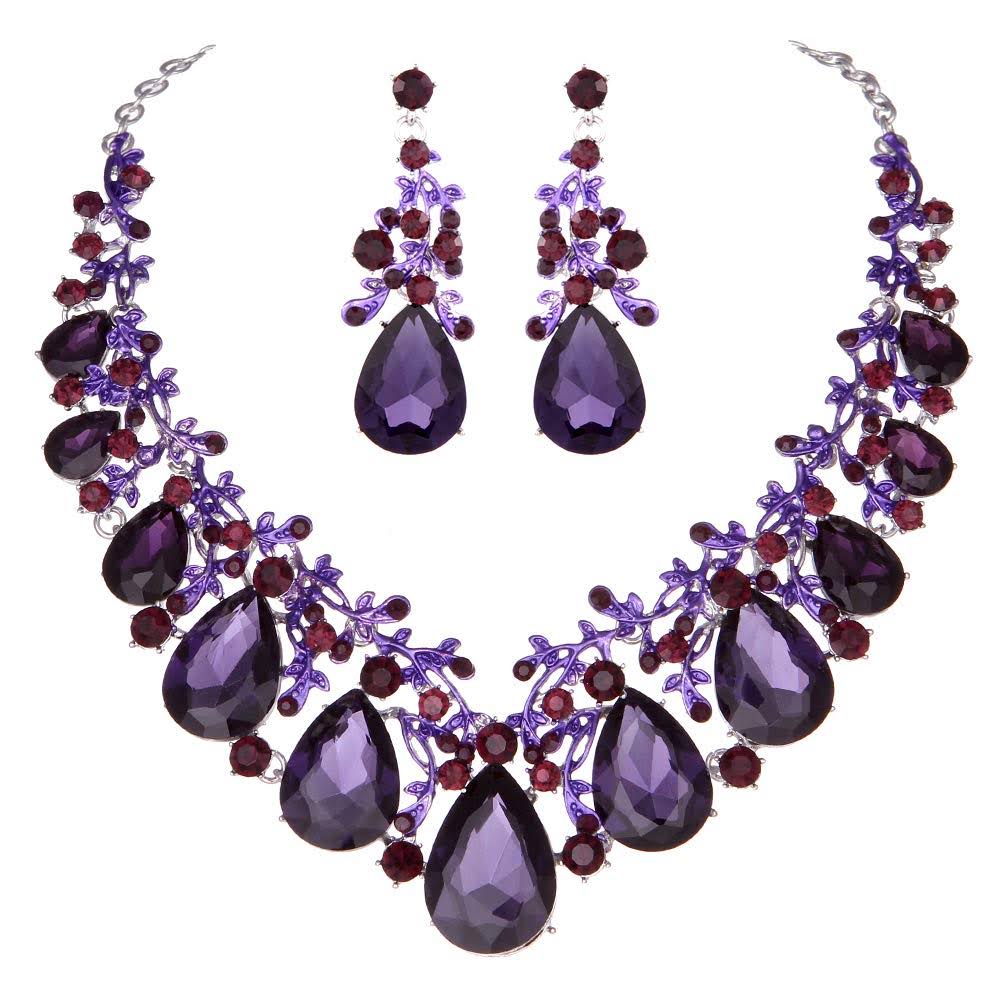 Youfir Austrian Crystal Leaf Statement Wedding Necklace and Earrings Jewelry Sets for Women Formal Dress(Purple)