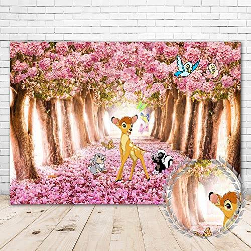 Youran Bambi Backdrop for 1st Birthday Party 7x5 Pink Flowers Bambi and Butterfly Baby Shower Background for girl Vinyl Spring Forest B