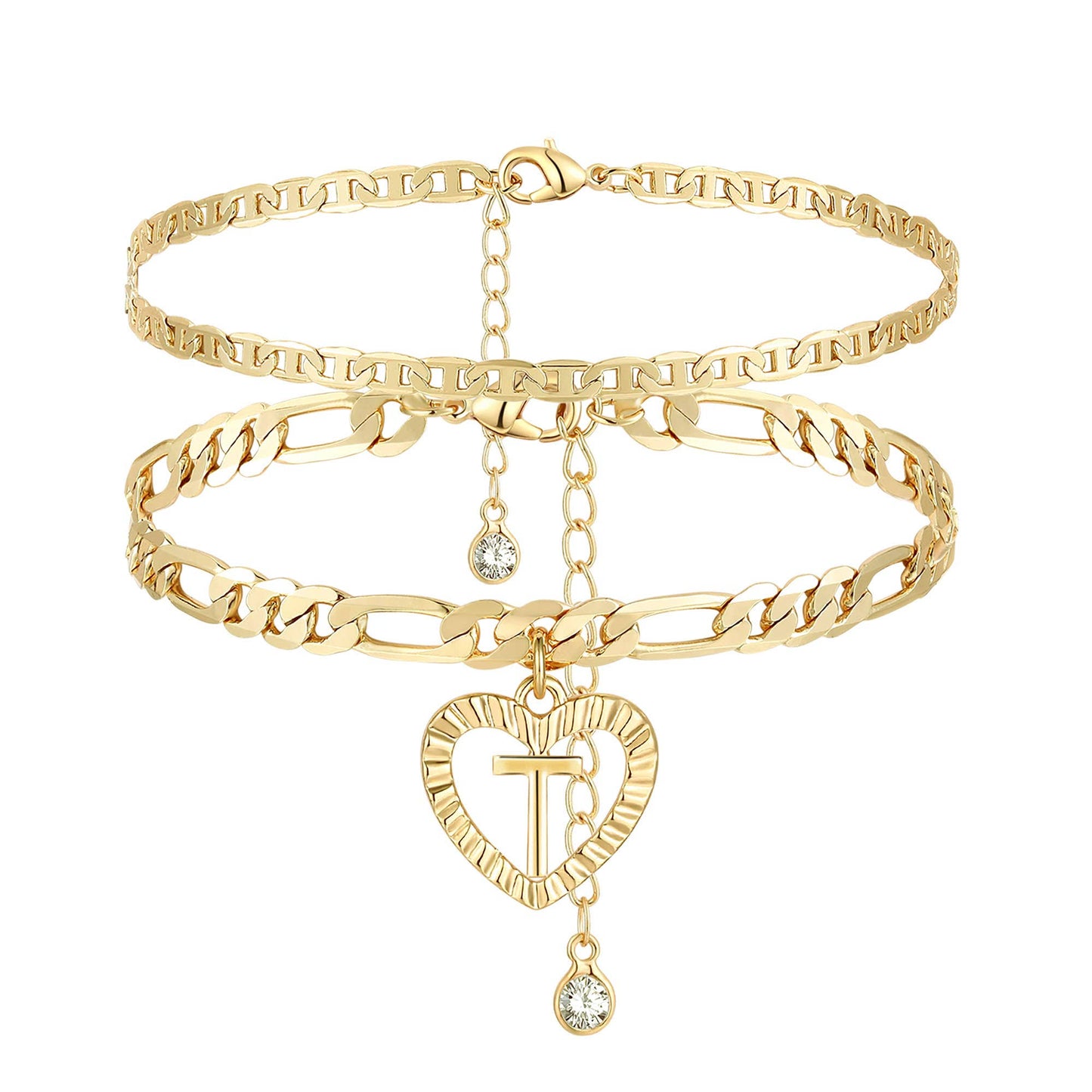 YANODA Initial Ankle Bracelets for Women 14K Gold Plated Layered Figaro Chain Letter Initial Anklets Handmade Layered Heart Ankle Bracelets