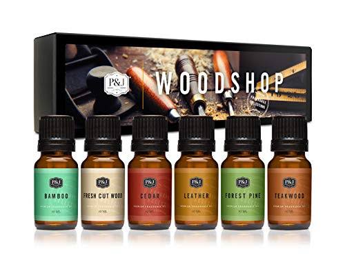 Woodshop Set of 6 Premium Grade Fragrance Oils - Forest Pine Fresh Cut Wood Leather Teakwood Bamboo Cedar