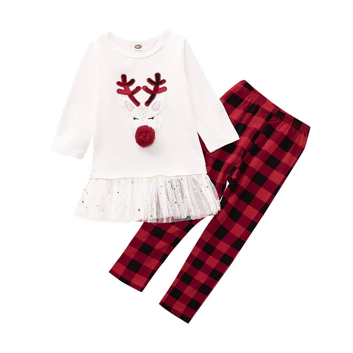 2-7T Little Kids Baby Girl Christmas Clothes Outfit Long Sleeve Reindeer Print Shirt Tops +Plaid Pants Sets