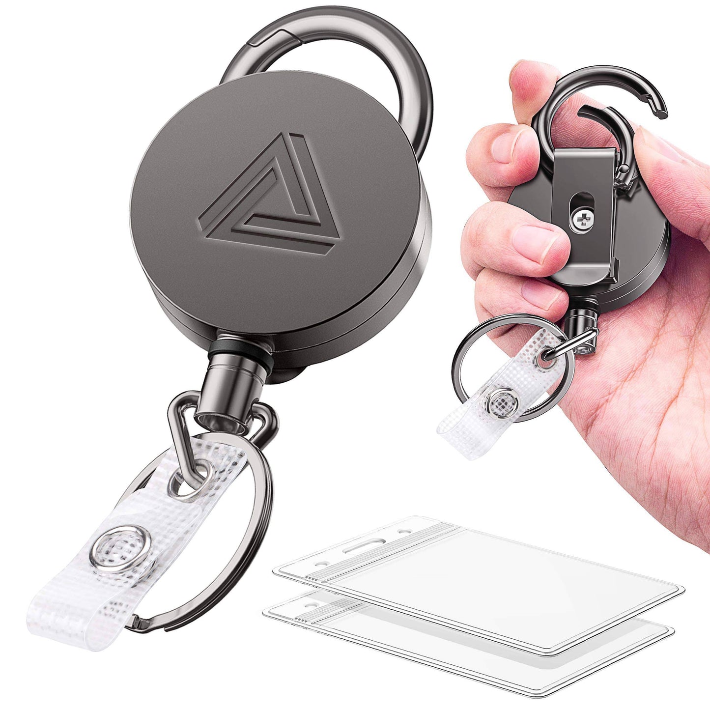 2 Pack Heavy Duty Metal Retractable Badge Holder Reel with Belt Clip Key Ring and Waterproof Vertical Clear ID Card Holder + 2 Extra Carabiner Key