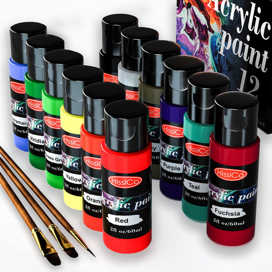 Acrylic Paint Set of 12 Colors 2FL oz 60ml Bottles with 3 Brushes,Non Toxic 12 Colors Acrylic Paint No Fading Rich Pigment for Kids Adults Artists