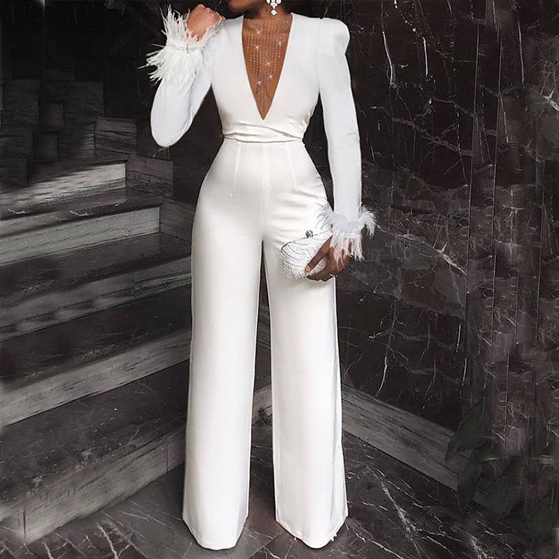 Womens Jumpsuit Feather Solid Color Deep V Wedding Elegant Party Evening Prom Wide Leg Slim Long Sleeve