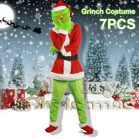 7pcs Christmas Deluxe Santa Costume with Green Funny Mask Christmas Hat Furry Adult Santa Suit Outfit