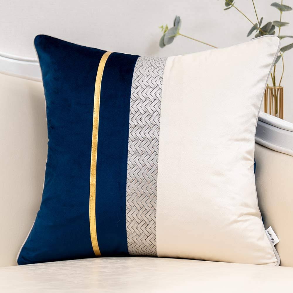 Yangest Navy Blue Patchwork Velvet Lumbar Pillow Cover with Gold Striped Leather Cushion Case Modern Luxury Pillowcase for Sofa Couch Bedroom Living