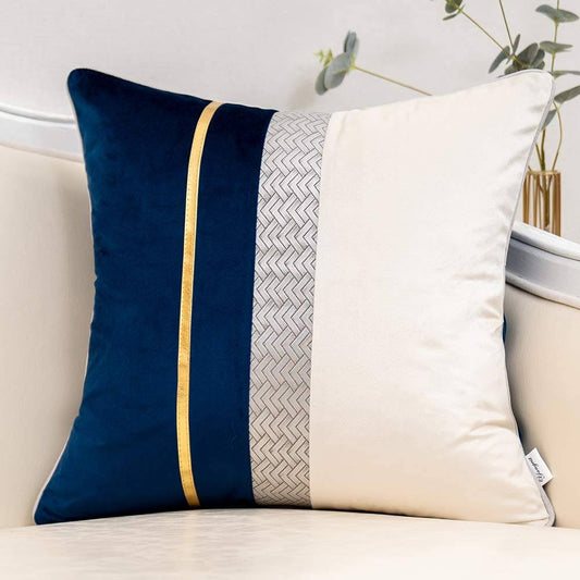 Yangest Navy Blue Patchwork Velvet Lumbar Pillow Cover with Gold Striped Leather Cushion Case Modern Luxury Pillowcase for Sofa Couch Bedroom Living