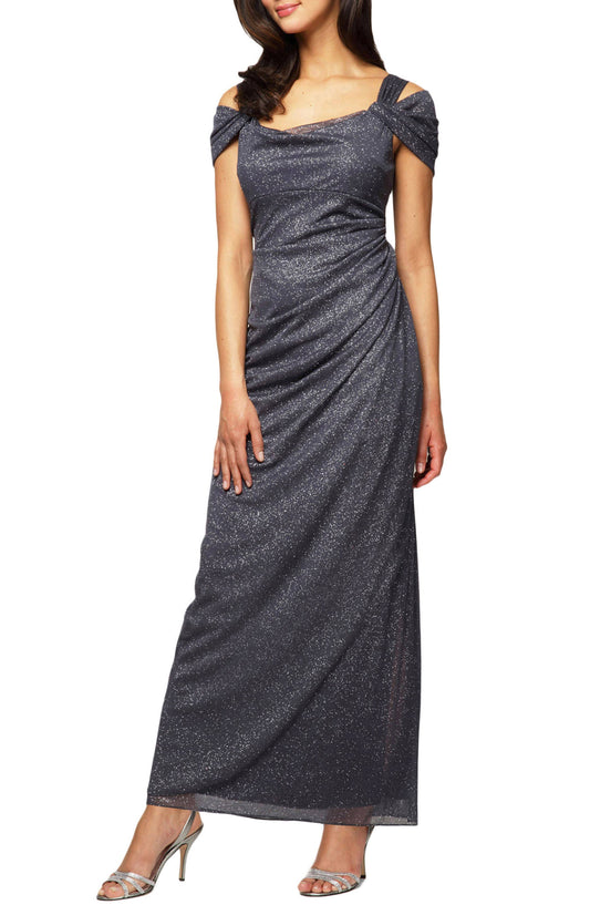 Alex Evenings Womens Cold Shoulder Ruffle Glitter Gown Smoke Gray Size 8