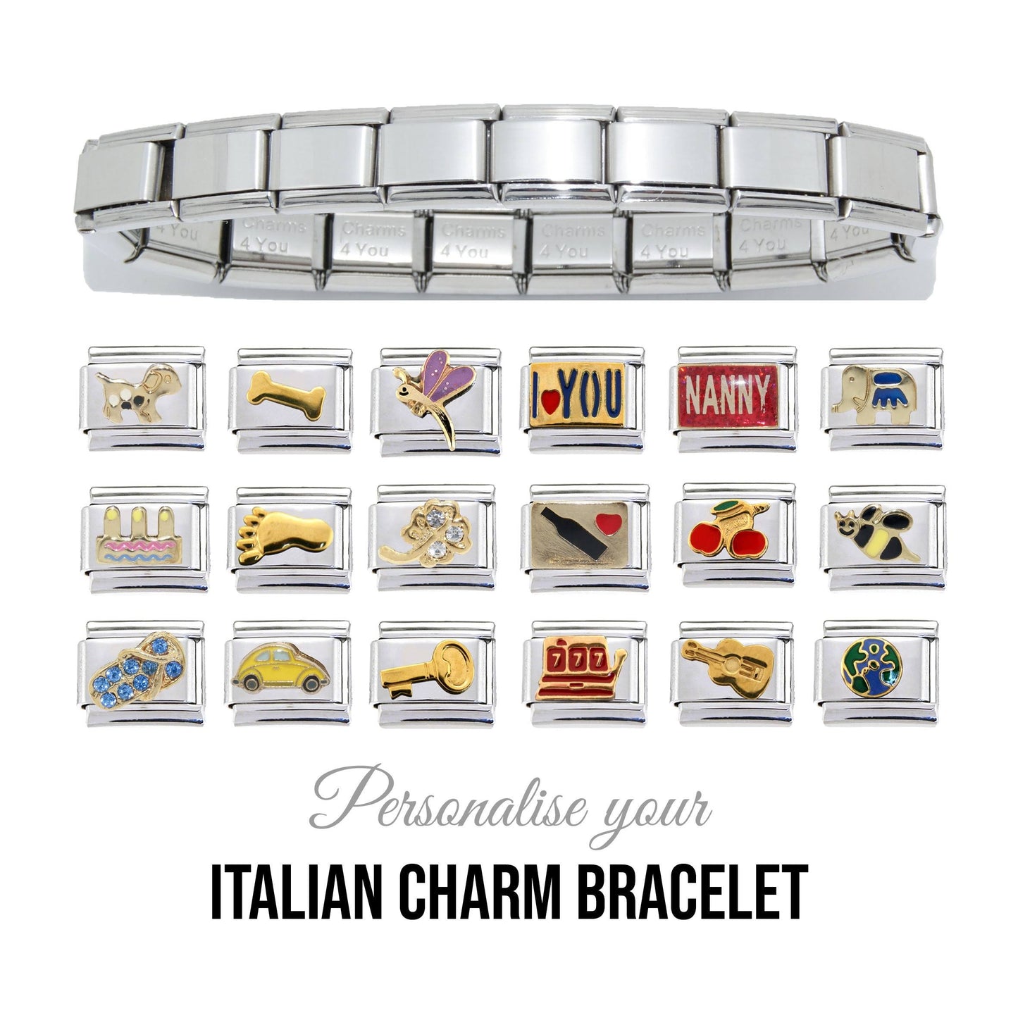 9mm Shiny classic Italian charm bracelet including 3 or more charms of your choice