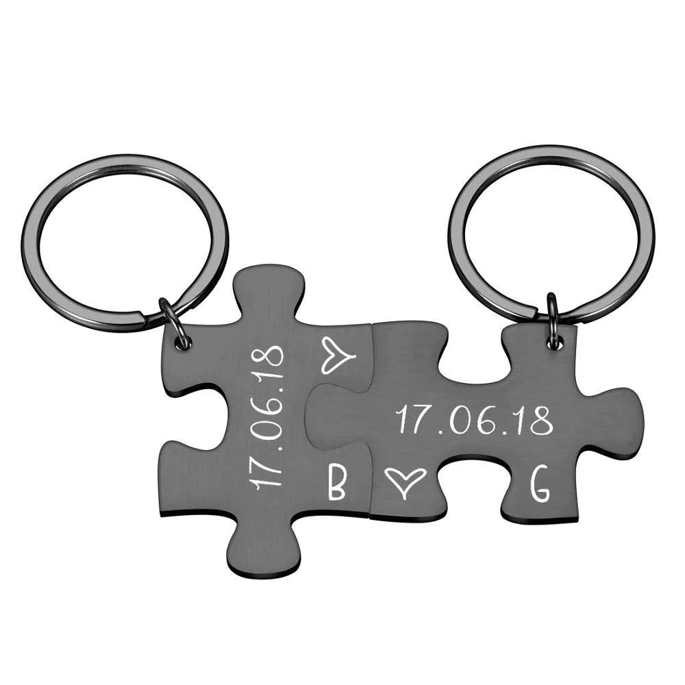 2-Piece Personalized Couples Initial and Anniversary Date Puzzle Keychain