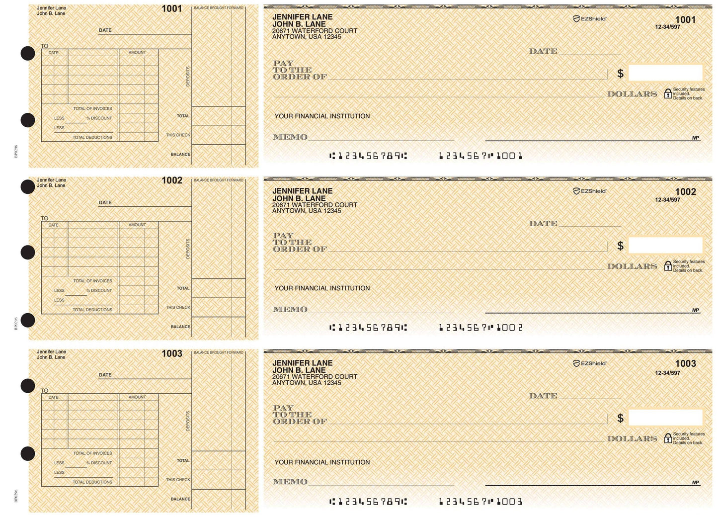 3-on-a-Page Safety Business Checks w/ Deduction Stubs - Blue, Green, Yellow Draft Options