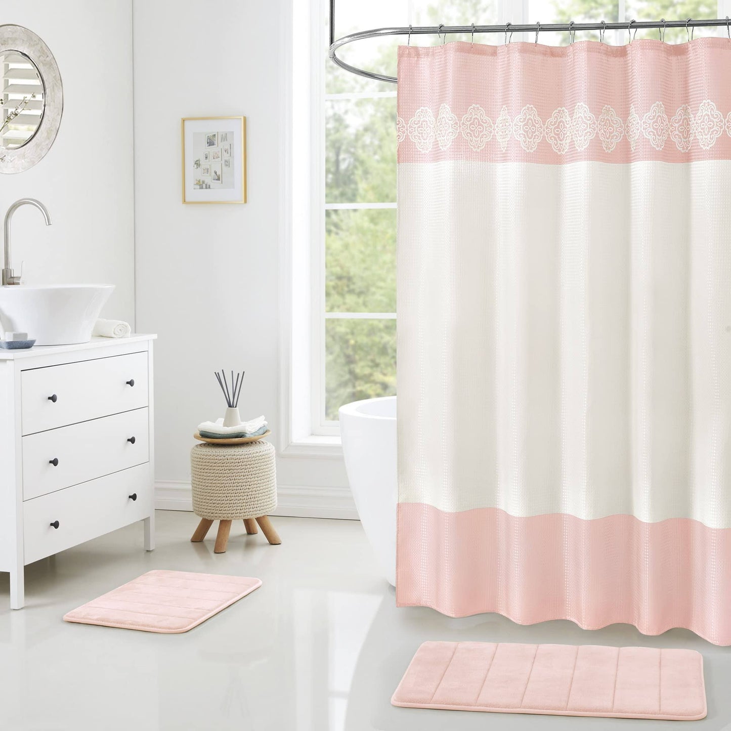 15 Piece Bathroom Shower Curtain Set with Matching Memory Foam Bath Rugs. 2 Solid Rose Pink Beige Color Modern Design None-Slip Bath Mats Includes12