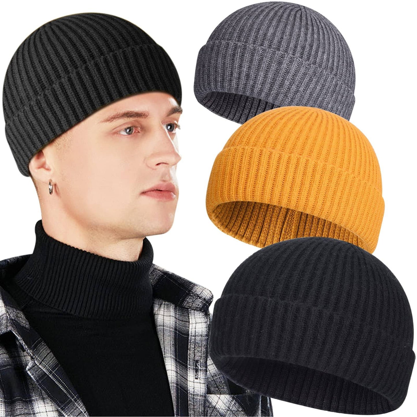 3 Pack Wool Fisherman Beanies for Men, Short Knit Watch Cap Cuffed Trawler Hats