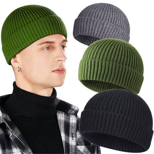 3 Pack Wool Fisherman Beanies for Men, Short Knit Watch Cap Cuffed Trawler Hats