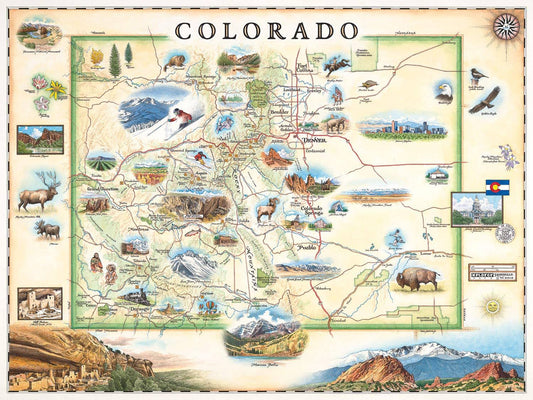 Xplorer Maps Colorado Map Wall Art Poster - Authentic Hand Drawn Maps in Old World, Antique Style - Art Deco - Lithographic Print