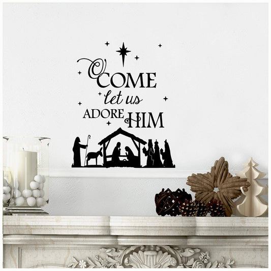 (Nativity) O Come Let US Adore Him Wall Saying Vinyl Lettering Decal Home Decor Art Quote Sticker (Black, 12.5x15.5)