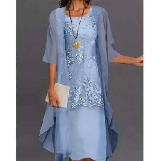 Womens Dress Set Lace Dress Midi Dress Light Blue Green Gray Half Sleeve Floral Embroidered Layered Patchwork Fall Spring Crew Neck Elegant