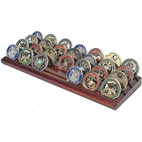 4 Rows Military Challenge Display Coin Holder Stand (Walnut Finish)