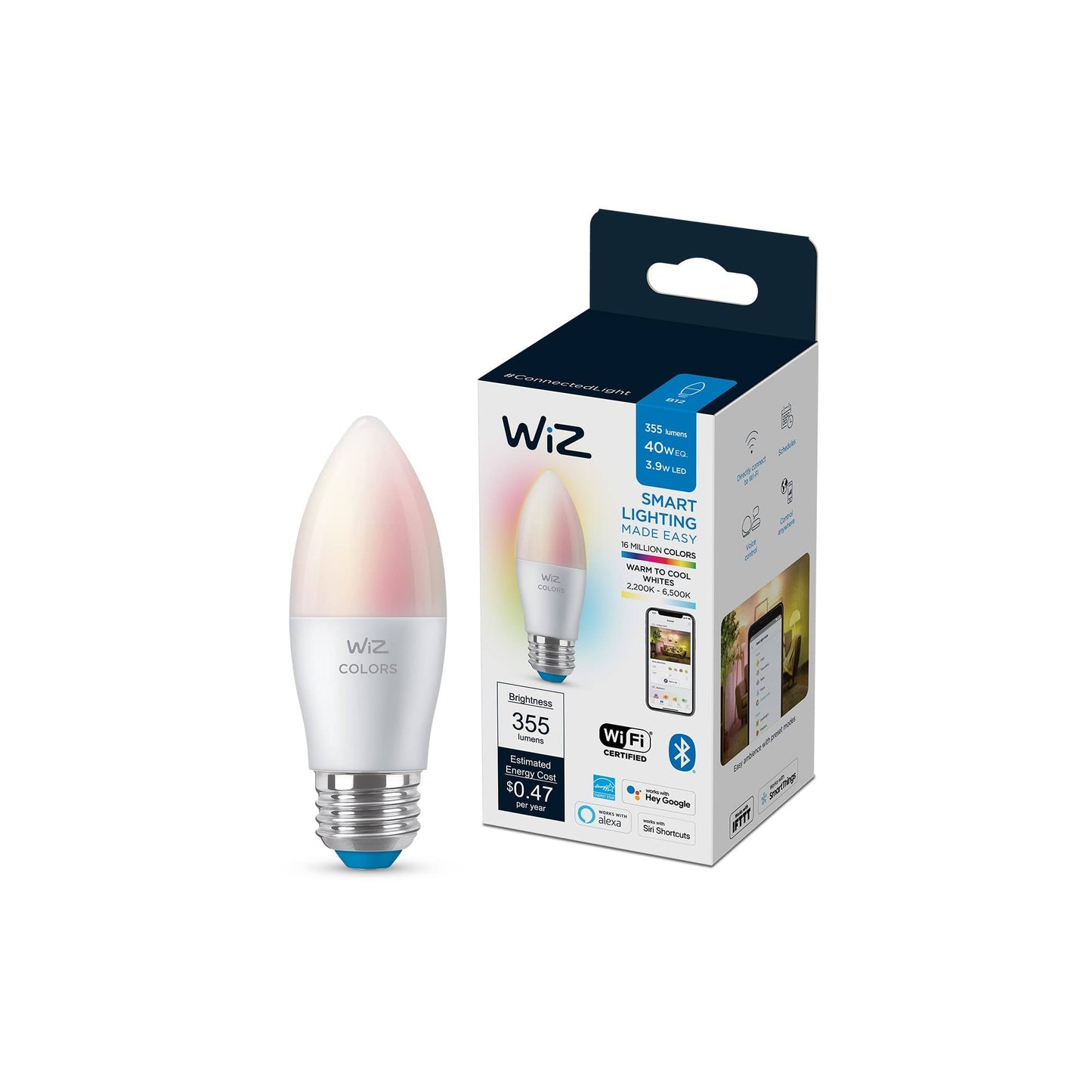 Wiz 604256 Color and Tunable White E26 Candle Wi-Fi Smart LED Bulb