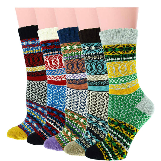 YZKKE 5Pack Womens Vintage Winter Soft Warm Thick Cold Knit Wool Crew Socks, Multicolor, Free Size