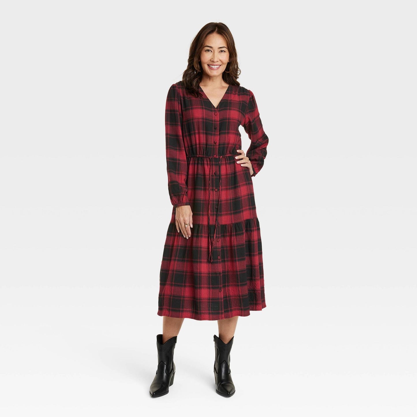 Womens Long Sleeve Plaid A-Line Dress - Knox Rose Black S