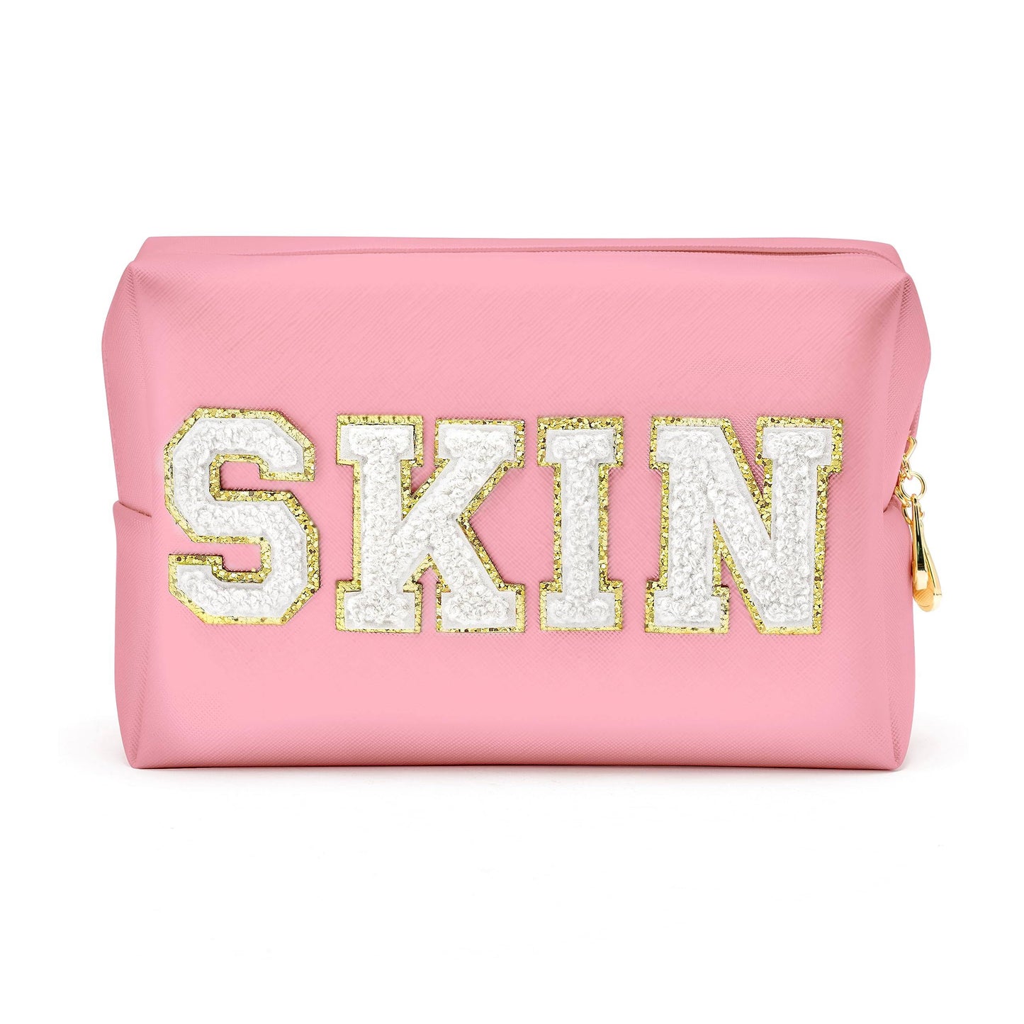 Y1tvei Preppy Patch Skin White Letter Pink Cosmetic Toiletry Bag PU Leather Portable Makeup Bag Daily Use Storage Pouch Toiletry Purse Waterproof