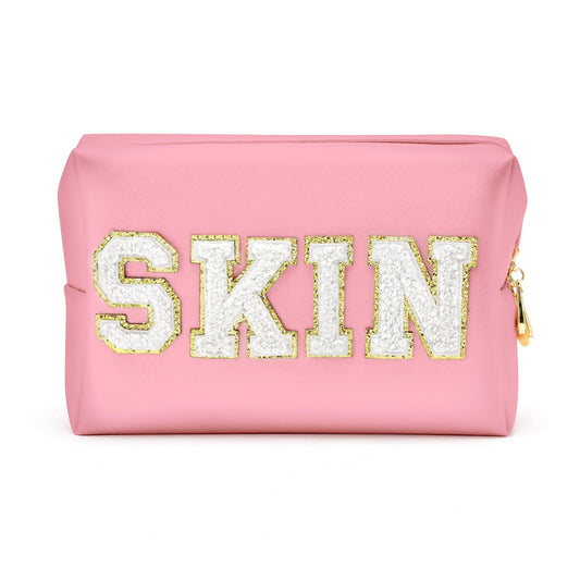 Y1tvei Preppy Patch Skin White Letter Pink Cosmetic Toiletry Bag PU Leather Portable Makeup Bag Daily Use Storage Pouch Toiletry Purse Waterproof