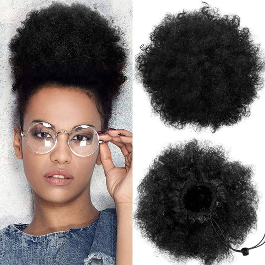 WILLBOND 2 Pieces Afro Puff Drawstring Ponytail Synthetic Short Curly Hair Afro Bun Extension Afro Chignon Hairpieces Wig Updo Hair Extensions (Black)