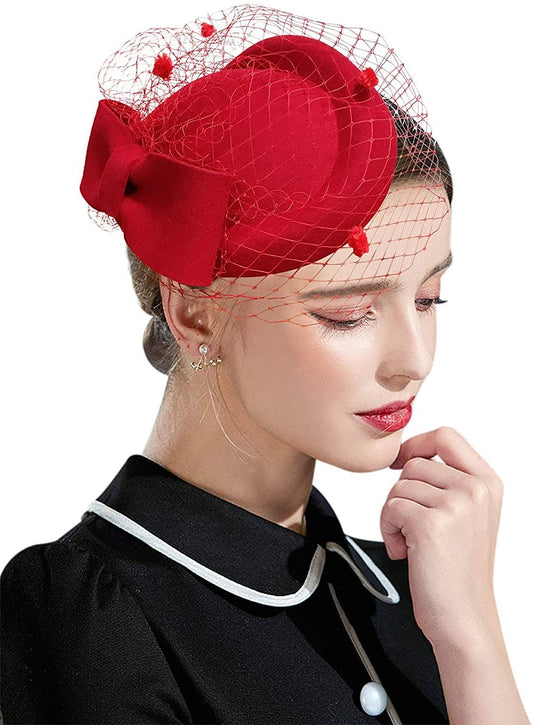 Z&X British Vintage Wool Felt Pillbox Hat Ladies Church Derby Winter Fascinator Hat Veil Flower Fedoras