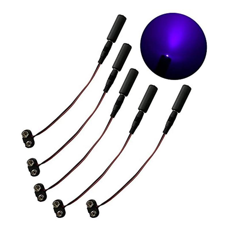 5 Pack Black Light Micro Effects Light 405nm Violet LED Mini Blacklight with 9V Battery Clip for Props Scenery Fluorescent Paints Theatrical