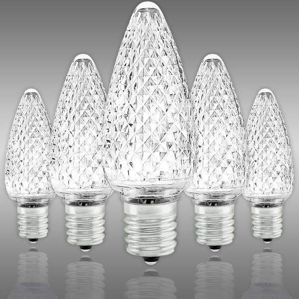 25 Pack, Pure White, LED C9, Christmas Light Replacement Bulbs, Faceted Finish, Intermediate Base, 50,000 Life Hours, Intermediate Base, 130V, With