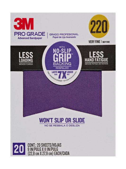 3M Pro Grade No-Slip Grip Advanced Sandpaper, 9 x 11-Inches, 220 Grit, 20/Pack