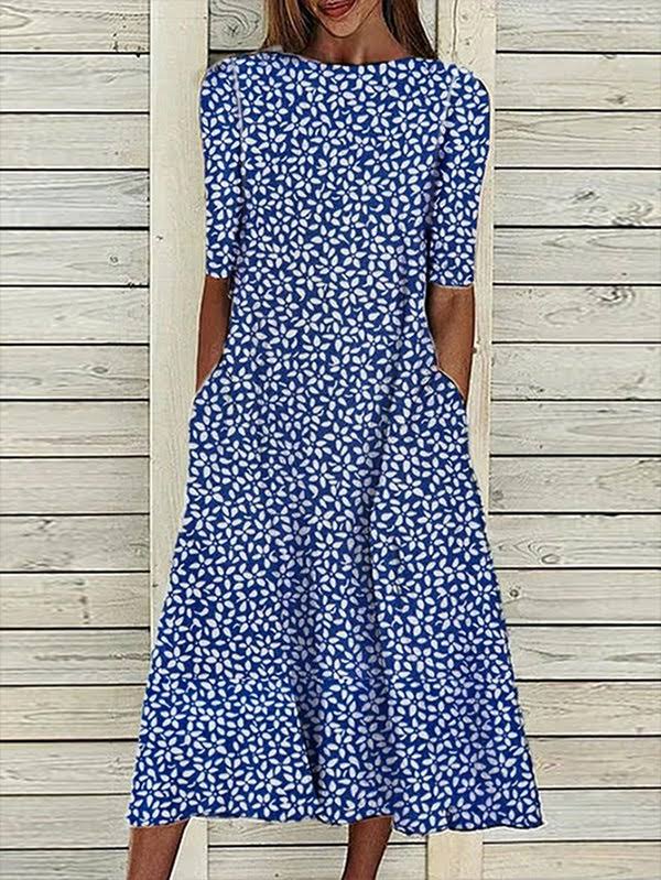 Womens A Line Dress Midi Dress Blue Half Sleeve Floral Ruched Print Summer Fall Crew Neck Casual Modern