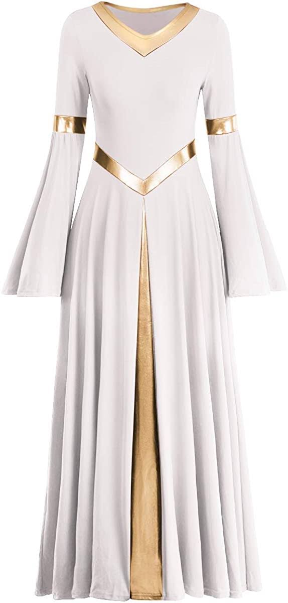 Women IMEKIS Metallic V Neck Praise Dance Dress Liturgical Worship Costume Bi Color Bell Long Sleeve Church Robe Praisewear