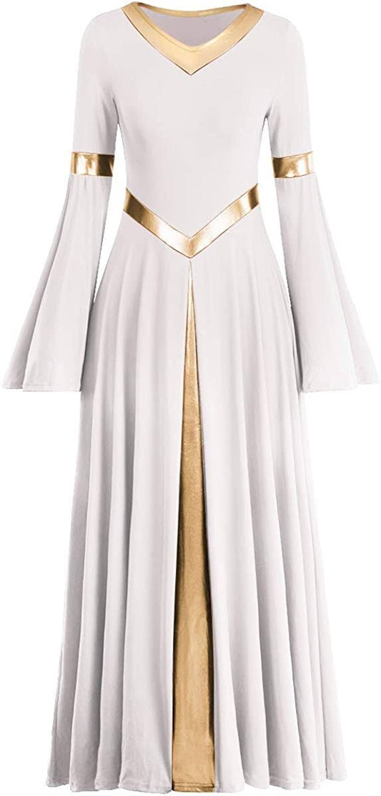 Women IMEKIS Metallic V Neck Praise Dance Dress Liturgical Worship Costume Bi Color Bell Long Sleeve Church Robe Praisewear