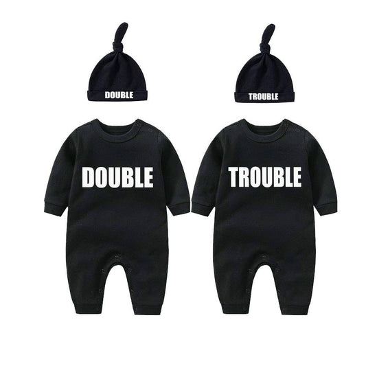 YSCULBUTOL Baby Twins Bodysuits Funny Double Trouble Cute Girl Romper Twin Jumpsuits Hat Set