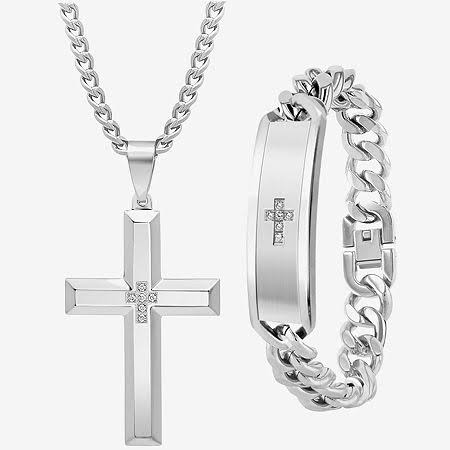 1/10 CT. T.W. Mined White Diamond Stainless Steel Cross 2-pc. Jewelry Set