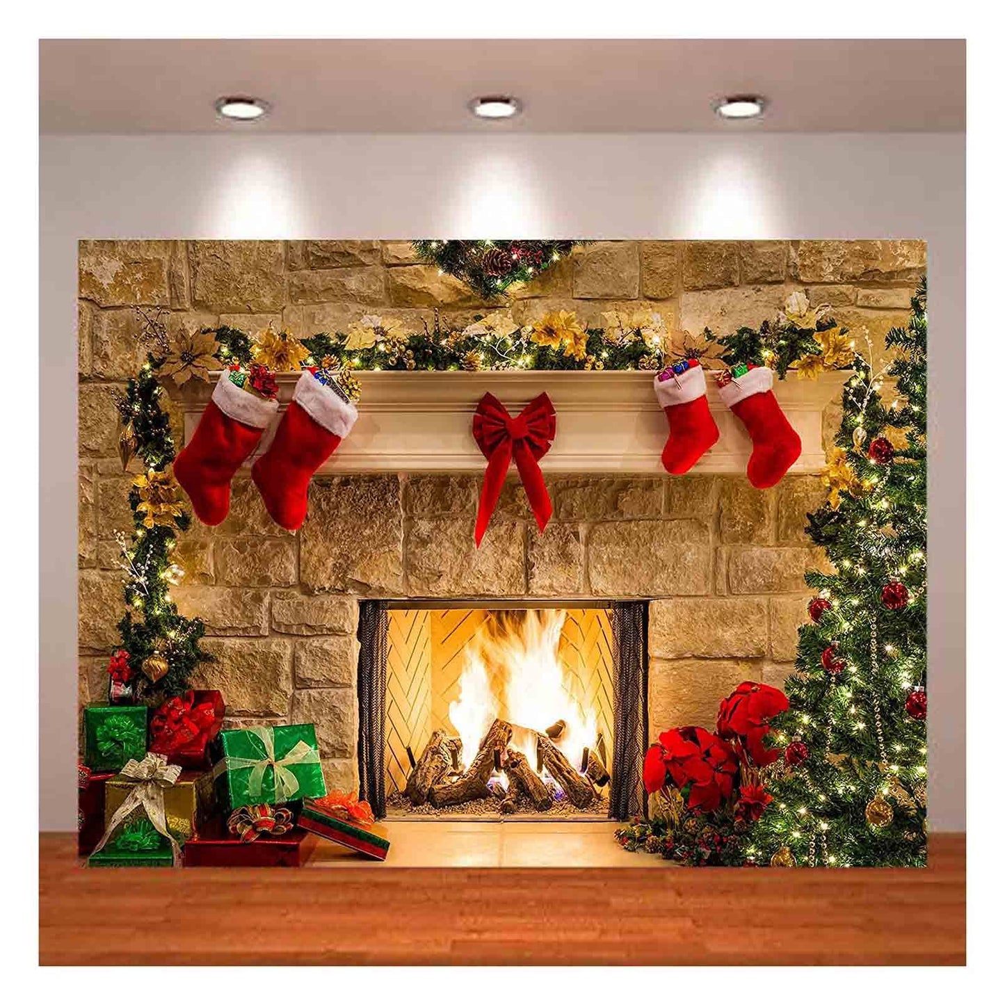 XLL Christmas Photography Backdrops Christmas Fireplace Decoration Background for Photo Happy Holiday Party Decoration Props 7x5FT(210cm x 150cm)