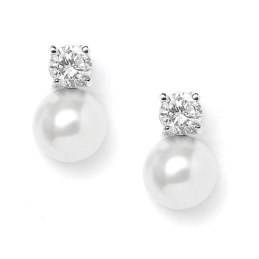 White Glass Pearl Bridal or Bridesmaids Stud Earrings with CZ Accen