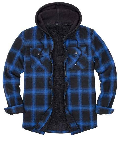 ZENTHACE Mens Sherpa Lined Full Zip Hooded Plaid Shirt Jacket