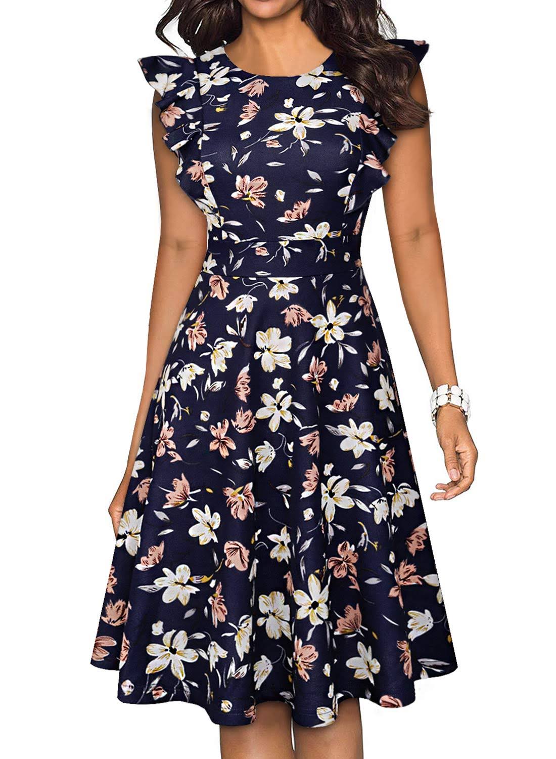 YATHON Womens Vintage Ruffle Floral Flared A Line Swing Casual Cocktail Party Dresses