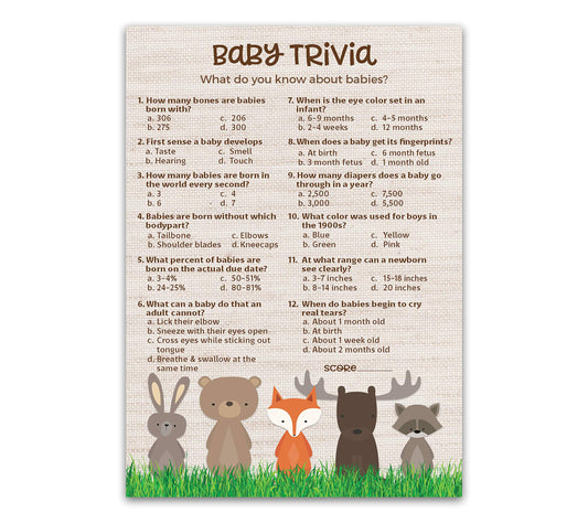 Woodland Animals Baby Shower Game — Baby Trivia Game — Pack of 25 — Country Rustic Gender Neutral Baby Shower Games, Fall Outdoors Baby Shower